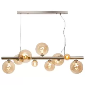 Luminosa Marshall Linear Ceiling Pendant, 9 Light G9, Satin Nickel, Amber Plated Glass