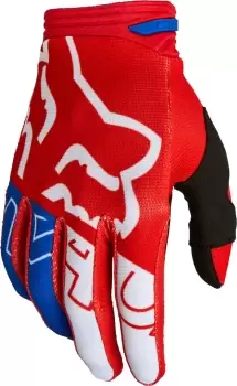 FOX 180 Skew Motocross Gloves, white-red-blue, Size S, white-red-blue, Size S