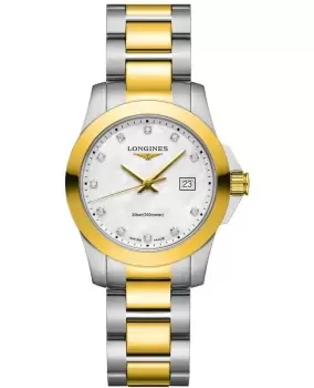 Longines Conquest Quartz Mother of Pearl Diamond Dial Stainless Steel and Yellow Gold PVD Womens Watch L3.376.3.87.7 L3.376.3.87.7