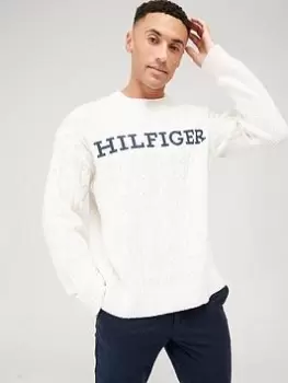 Tommy Hilfiger Cable Monotype Crew Neck Jumper - Cream, Multi, Size S, Men