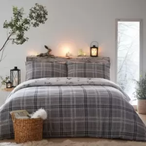 Dreams & Drapes Lodge Derwent Check 100% Brushed Cotton Reversible Duvet Cover Set, Grey, King