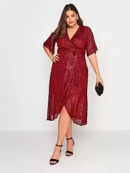 Yours Sequin Double Mesh Wrap Dress - Red, Size 30-32, Women