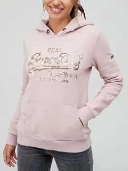 Superdry Vintage Logo Sparkle Hoodie - Pink, Size 8, Women