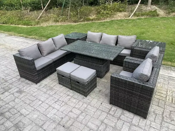 Fimous 8 Seater Outdoor Dark Grey Rattan Lounge Complete Sofa Set with Adjustable Dining Table, 2 Stools and Big Footstools