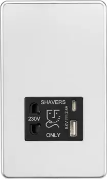 KnightsBridge Shaver socket with dual USB A+C (5V DC 2.4A shared) - polished chrome with Black insert