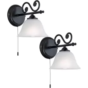 2 PACK Wall Light Black Steel Shade White Glass Alabaster Pull Switch E14 1x 40W