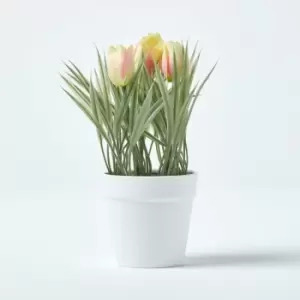 Homescapes - Pink & Cream Artificial Tulips in White Decorative Pot, 22cm Tall - Pink