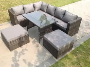 Fimous 6 Seater Outdoor Dark Grey Rattan Lounge Complete Sofa Set Let Side with Dining Table and 2 Big Footstool