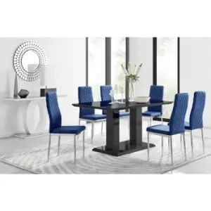 Furniturebox UK - Furniturebox Imperia 6 High Gloss Black Modern Dining Table and 6 Navy Milan Faux Leather Dining Chairs With Silver Legs Diamond