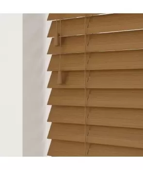 Truffle 50mm Fine Grain Slatted Faux Wood Venetian Blinds with Strings 130cm Drop