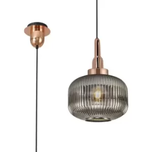 Luminosa 1 Light Pendant E27 With 30cm Pumpkin Shaped Ribbed Glass, Smoked Copper, Matt Black