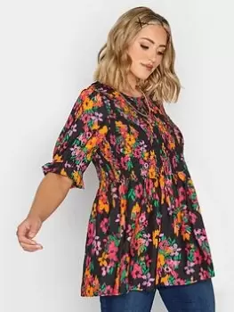 Yours Shirred Puff Sleeve Top Bright Smudge Floral, Black, Size 22, Women