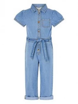 Monsoon Girls Denim Puff Sleeve Jumpsuit - Blue, Size 9 Years, Women