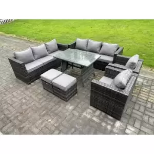 Fimous 8 Seater Outdoor Dark Grey Rattan Lounge Complete Sofa Set with Dining Table, 2 Armchairs, and 2 Small Footstools