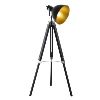 HOMCOM Industrial Floor Lamp for Living Room Tripod Spotlight Reading Lamp w/Wood Legs Metal Shade Adjustable Height Angle for Bedroom Home Office Bla