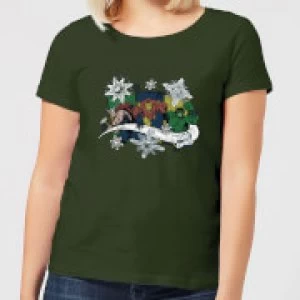 Marvel Thor Iron Man Hulk Snowflake Womens Christmas T-Shirt - Forest Green - M