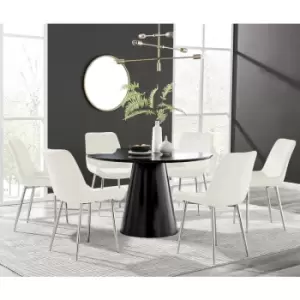 Furniturebox Palma Black Semi Gloss 120cm Round Minimalist Dining Table & 6 Cream Pesaro Silver Leg Chairs