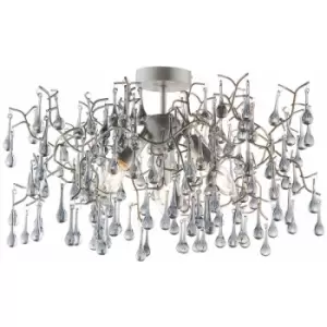 Loops - Aged Silver Semi Flush Decorative Branch Ceiling Light - Tinted Glass Droplets