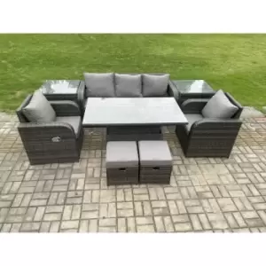 Fimous 5 Seater Outdoor Dark Grey Rattan Lounge Complete Sofa Set with Adjustable Table, 2 Side Tables and 2 Stools