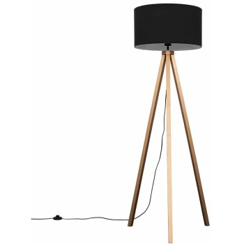 Copper Wood Tripod Floor Lamp with Drum Shade - Black