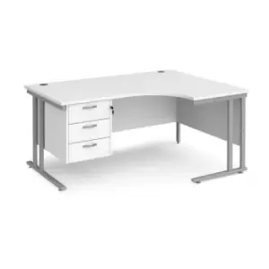 Office Desk Right Hand Corner Desk 1600mm With Pedestal White Top With Silver Frame 1200mm Depth Maestro 25 MC16ERP3SWH