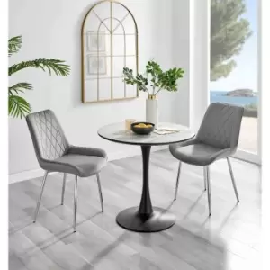 Furniture Box Elina White Marble Effect Round Dining Table and 2 Grey Pesaro Silver Chairs