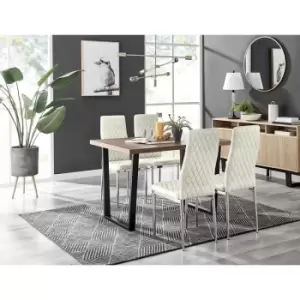 Furniturebox Kylo Brown Wood Effect Dining Table & 4 Cream Milan Velvet Dining Chairs Diamond Stitch Modern Contemporary Chrome Metal