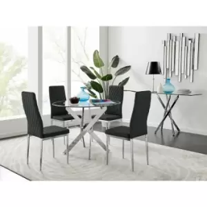 Novara Round Chrome Metal And Glass Dining Table And 4 Black Milan Dining Chairs Set - Black