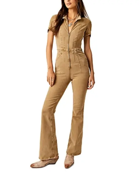 Free People Jade Flared Denim Jumpsuit in Pier 17