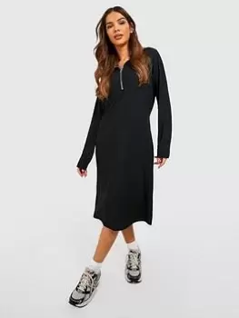 Boohoo Half Zip Rib Jumper Dress - Black, Size 8, Women