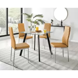 Furniturebox UK - Furniturebox Seattle Glass and Black Metal Leg Square Dining Modern Industrial Dining Table & 4 Mustard Milan Chrome Leg Faux