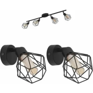 Quad Ceiling Light & 2x Matching Wall Lights Black Cage Amber Glass Trendy Lamp