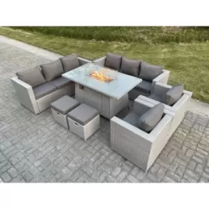 Fimous 8 Seater Outdoor Light Grey Rattan Lounge Complete Sofa Set with Fire Pit, Gas Heater and 2 Stools