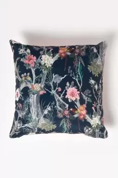 Floral Peacock Black & Teal Filled Velvet Cushion 46 x 46 cm