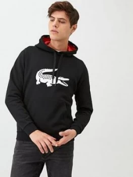 Lacoste Sport Crocodile Logo Print Overhead Hoodie - Black, Size 8, Men