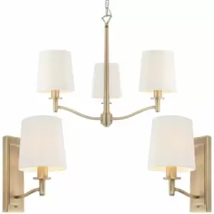 3 Bulb Ceiling Pendant Lamp & 2x Matching Wall Light Matt Antique Brass & Shade