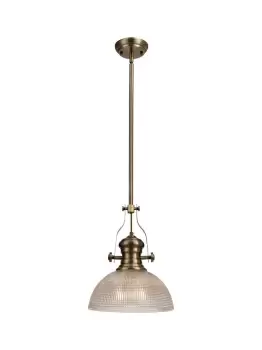 Telescopic Dome Ceiling Pendant E27 With 30cm Prismatic Glass Shade, Antique Brass, Clear