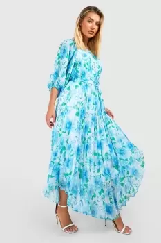 Floral Pleated Puff Sleeve Midi Dress