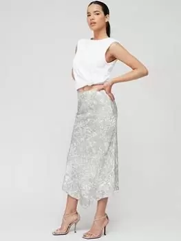 Calvin Klein Viscose Marble Print Midi Skirt - Grey, Print, Size 36, Women