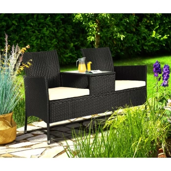 Poly Rattan Garden Bench 2 Seater Cinema Bench Cushions Glass Table Weatherproof Park Garden Bench Black - Casaria