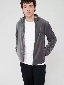 Emporio Armani Bodywear Velour Lounge Zip Through Funnel Neck Jacket - Anthracite Grey, Anthracite Grey, Size XL, Men