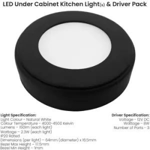 2x MATT BLACK Round Surface or Flush Under Cabinet Kitchen Light & Driver Kit - Natural White LED