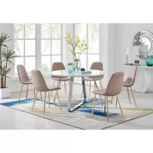 Furniture Box Santorini White Round Dining Table and 6 Cappuccino Corona Gold Leg Chairs