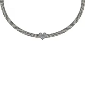 GUESS rhodium plated 12" flat mesh necklace with Swarovski crystal pave heart.