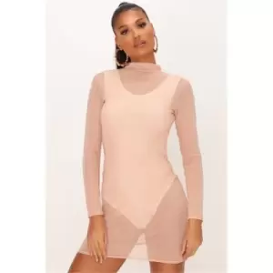 I Saw It First Stone High Neck Mesh Bodycon Dress - Brown