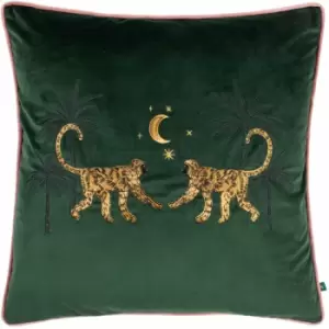 Wylder - Dusk Monkey Embroidered Velvet Piped Edge Cushion Cover, Emerald, 50 x 50 Cm