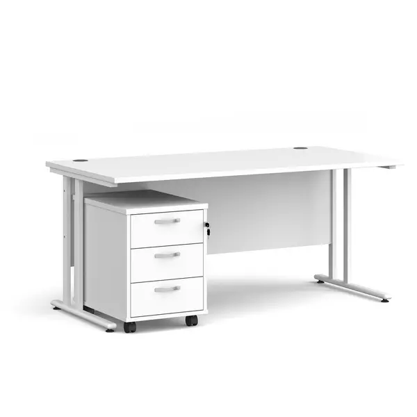 Maestro 25 Straight Desk White Frame White Table Top and 3 Drawer Pedestal - 1600mm