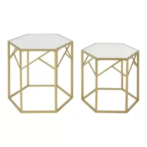 Set of 2 Luxe Hexagonal Side Tables in Gold and Mirrored Glass