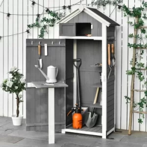 Outsunny Garden Wood Storage Shed with Workstation, Hooks and Ground Nails Multifunction Lockable Sheds Tool Organizer, 182 x 78 x 52.5cm, Grey