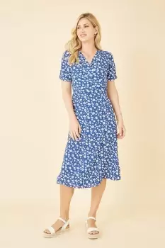 Blue Ditsy Print Wrap Over Dress